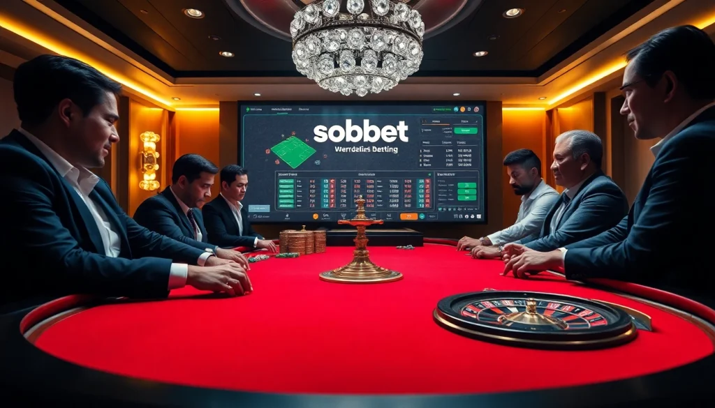 Sbobet online gambling scene with professional gamblers at a luxurious casino table, showcasing excitement and high stakes.