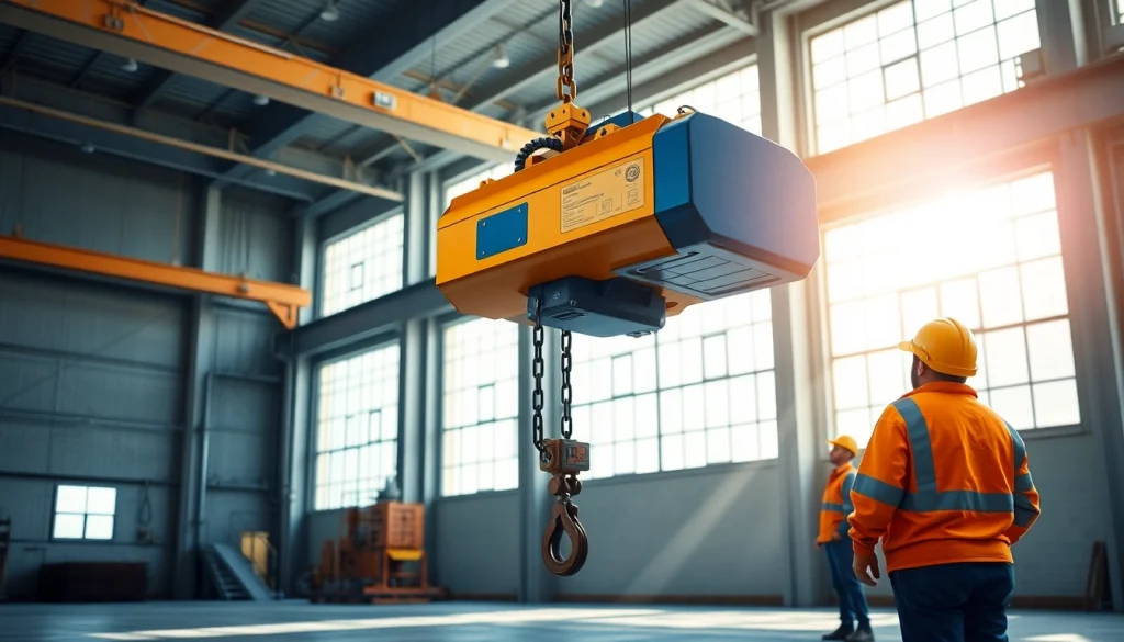 Electric chain hoist crane lifting a heavy load in a professional industrial setting