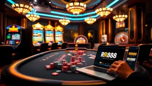 Engaging casino scene representing https://rr88me.com/, featuring poker, slots, and roulette.
