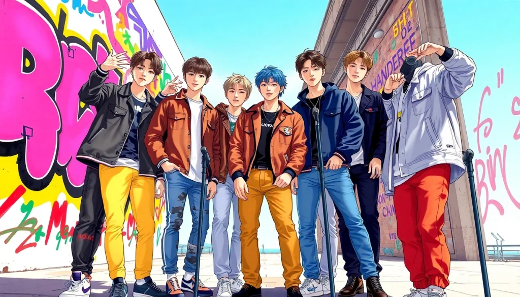 BTS members display their unique styles in a vibrant urban portrait with musical props.