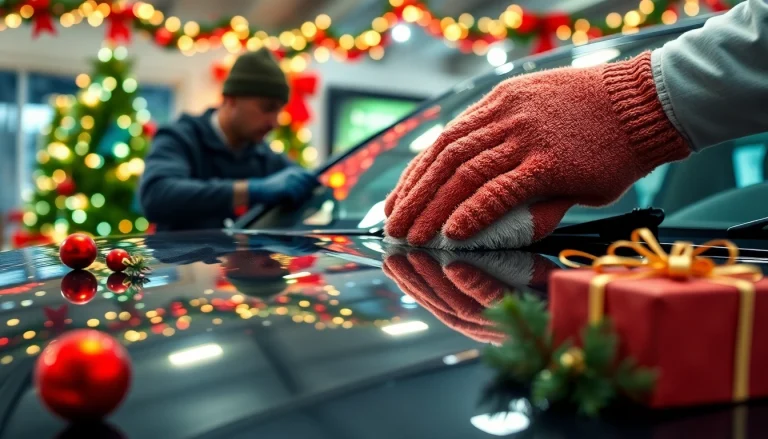 A festive Christmas car detailing gift presented with a gleaming vehicle and holiday decorations.