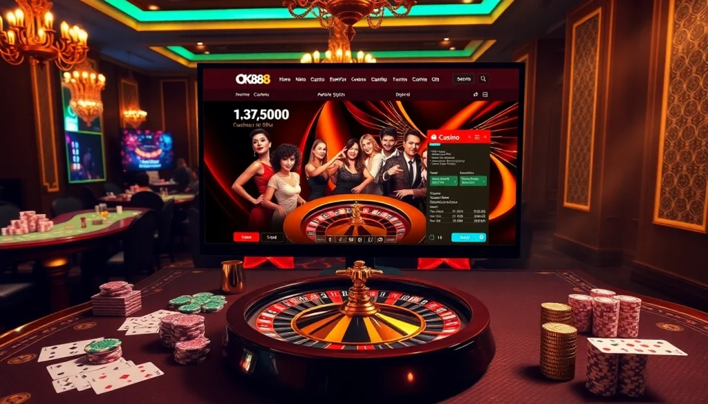 Exciting casino scene featuring players engaging with the online interface of https://ok88.tech/ amidst vibrant tables and chips.
