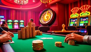 Trải nghiệm cảm giác hồi hộp tại casino LUCK8 với bàn poker, bánh xe roulette và những máy đánh bạc đầy sống động.