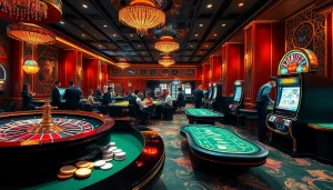 Engage with the thrilling Tool xổ số siêu tốc atmosphere depicted in an upscale casino scene filled with players.