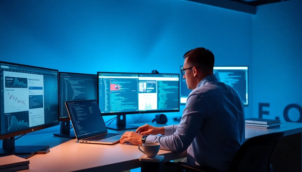 Web scrapping setup with developer analyzing data on multiple screens in a modern office.