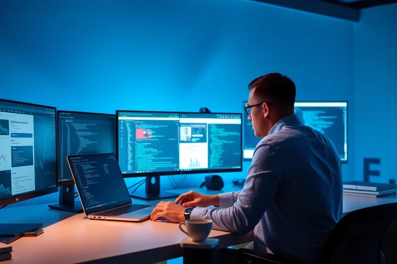 Web scrapping setup with developer analyzing data on multiple screens in a modern office.