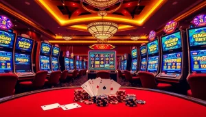 Naga169 RTP slot machines in a vibrant casino environment with poker chips and playing cards.