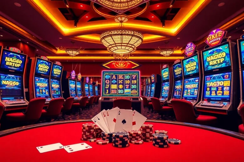 Naga169 RTP slot machines in a vibrant casino environment with poker chips and playing cards.