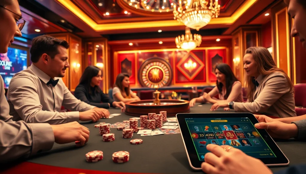 Experience the excitement of Trang Chủ LC88 as players engage at a luxurious poker table in a vibrant casino setting.