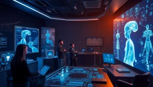 A scene depicting professionals utilizing porn AI technology in a futuristic studio environment, showcasing collaboration and innovation.