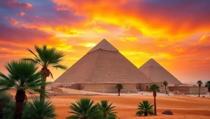 Photograph of the iconic Egyptian pyramids at sunset, showcasing the striking features of https://piraminds.com/.