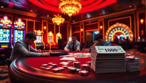 High-stakes casino atmosphere featuring a poker table and cash labeled 'deposit 1000'.