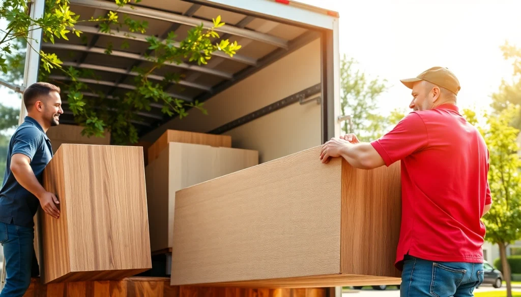 Furniture Movers skillfully lifting heavy furniture pieces during a move in an outdoor setting.