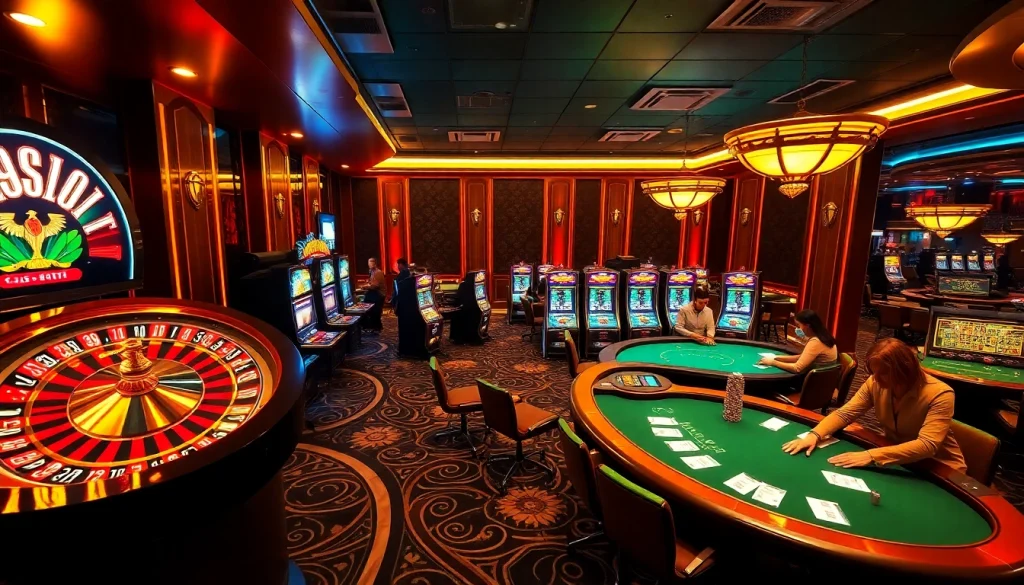 A vibrant casino scene demonstrating excitement with tables and players enjoying rikvip games.