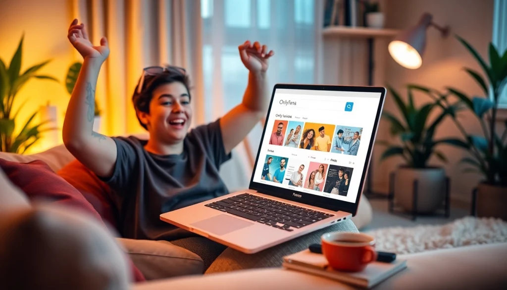 OnlyFans Search interface on a laptop in a cozy home, inviting atmosphere, highlighting community.