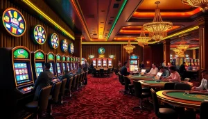 Players enjoying thrilling idn slot machines in a luxurious casino atmosphere with vibrant lighting.