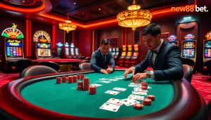 New88bet premium casino gaming scene with poker table, roulette wheel, and vibrant atmosphere.