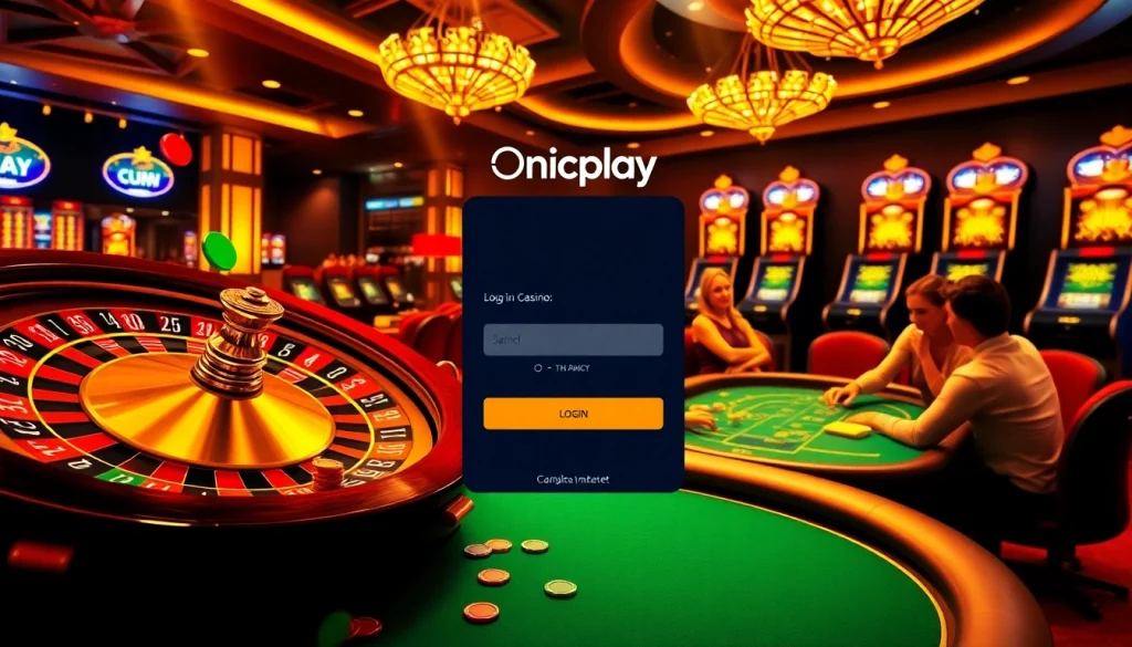 Engaging Onicplay login portal among vibrant casino elements showcasing the thrill of online gambling.