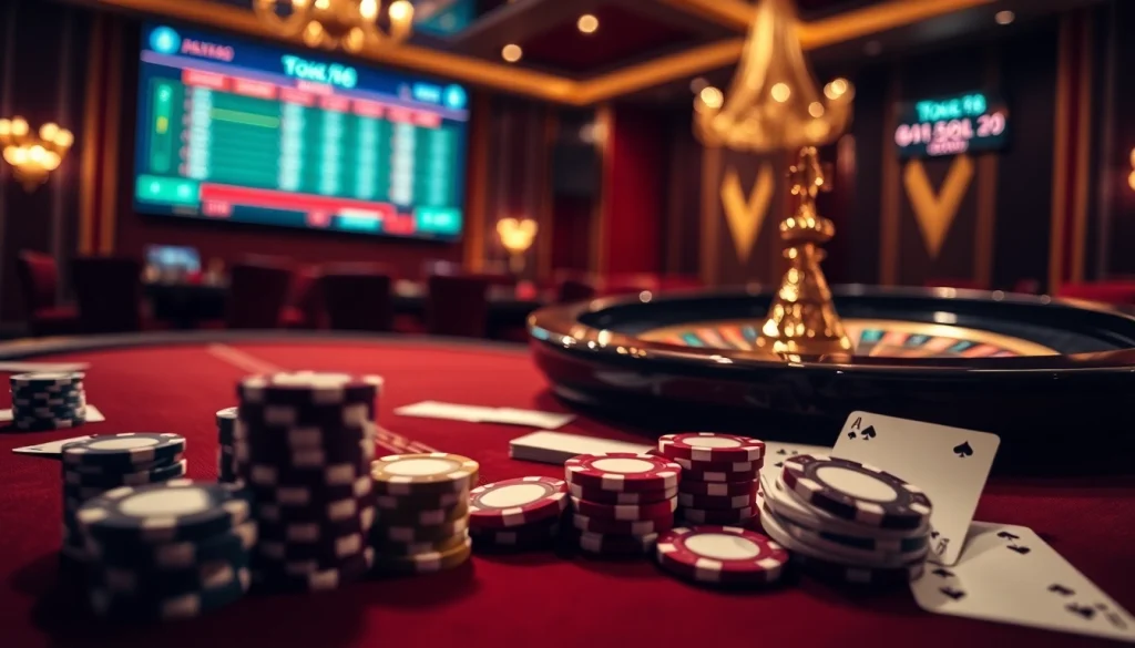Engaging poker scene at nhà cái tobet88 showcasing chips, cards, and a roulette wheel for thrilling gameplay.