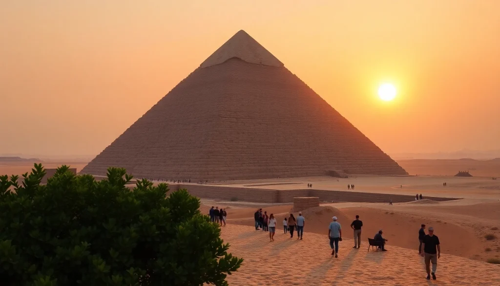 Visitors admiring the iconic Great Pyramid of Giza on https://piraminds.com/ during sunset.
