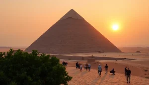 Visitors admiring the iconic Great Pyramid of Giza on https://piraminds.com/ during sunset.