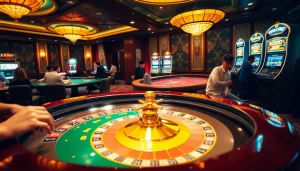 Engaging casino experience with players at Man88 roulette and poker tables, showcasing excitement.