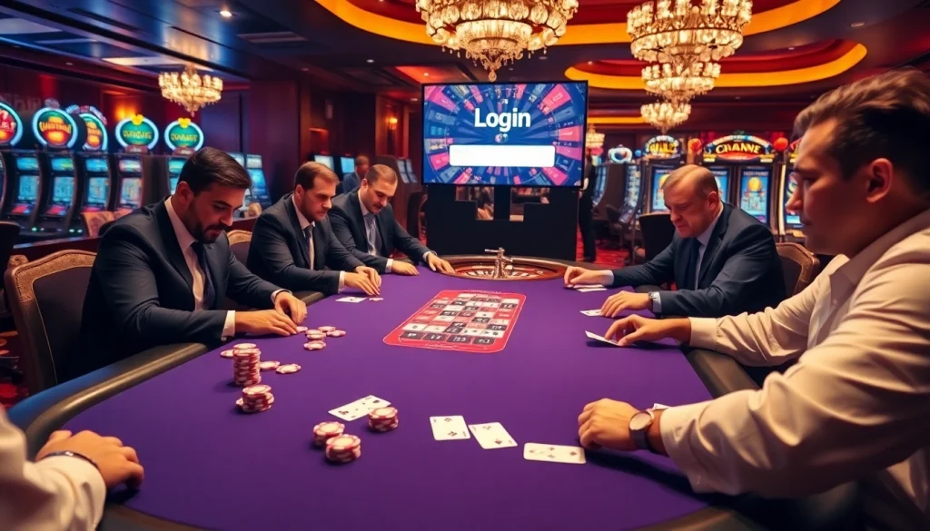 Log In to the high-stakes poker table in a luxurious casino atmosphere.