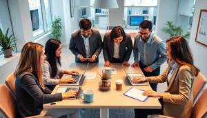 办公室里使用 WPS 下载工具进行协作，突出多元团队的生产力。