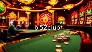 Experience the excitement of b52club at a luxurious poker table with vibrant chips and roulette.