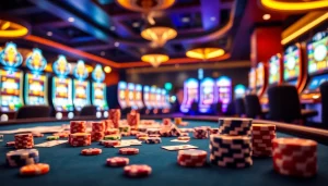 A vibrant casino table scene featuring poker chips and cards, showcasing the essence of gaming on 789f.com.