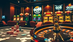 Exciting go88 casino scene with poker chips and roulette wheel, depicting thrilling gameplay atmosphere.