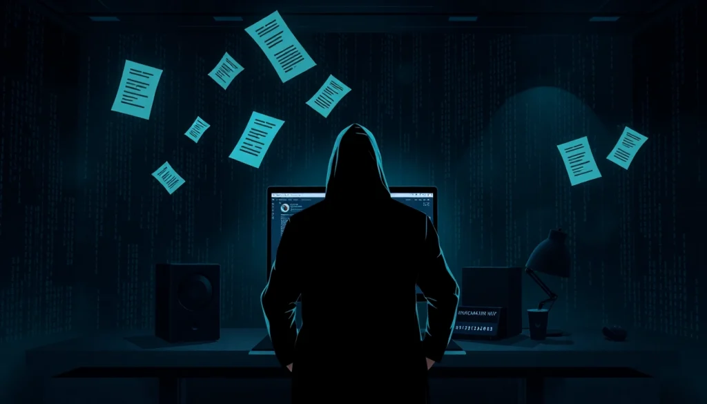 Navigate the hidden wiki 2025 with a virtual exploration of the dark web, featuring a dimly lit room and a Tor browser interface.