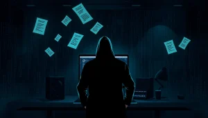 Navigate the hidden wiki 2025 with a virtual exploration of the dark web, featuring a dimly lit room and a Tor browser interface.