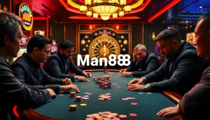 Players enjoying high-stakes poker at Man88 casino, surrounded by vibrant gambling elements.