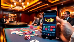 Cảnh hấp dẫn về ứng dụng Bet VIP trên điện thoại thông minh, được bao quanh bởi các đồng poker và hoạt động casino.
