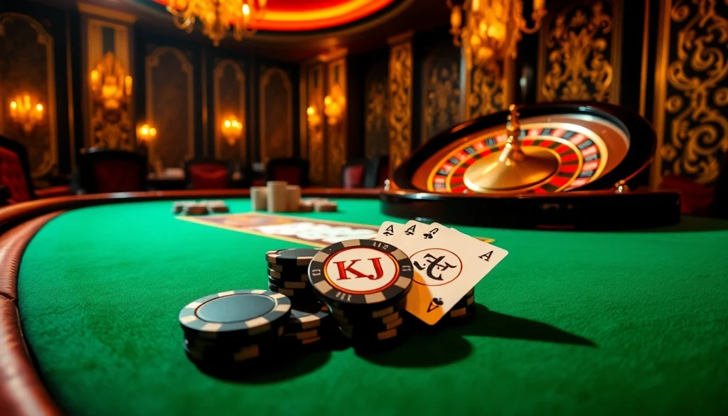 KJC luxury casino scene with roulette wheel, poker chips, and elegant decor.