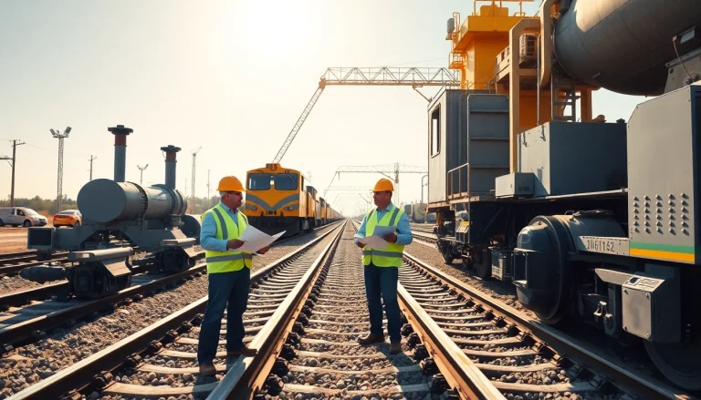 Railroad Contractors USA collaborating on a construction site with blueprints and machinery.