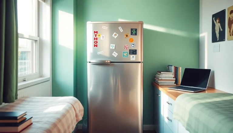 A lively dorm room fridge filled with snacks and drinks, showcasing its compact design for any student space.