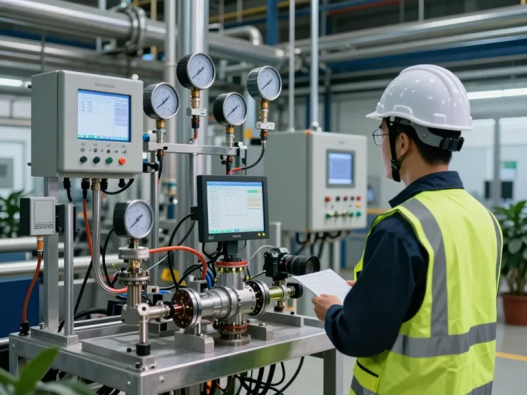 Engineer inspecting Endress Hauser flow measurement technology in a modern industrial facility.