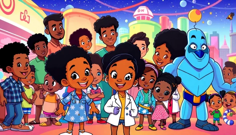 A colorful illustration of African American Cartoons featuring diverse characters like Huey and Riley from "The Boondocks," promoting creativity and representation.