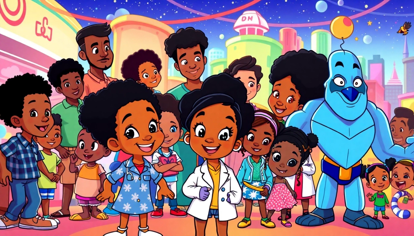 A colorful illustration of African American Cartoons featuring diverse characters like Huey and Riley from "The Boondocks," promoting creativity and representation.