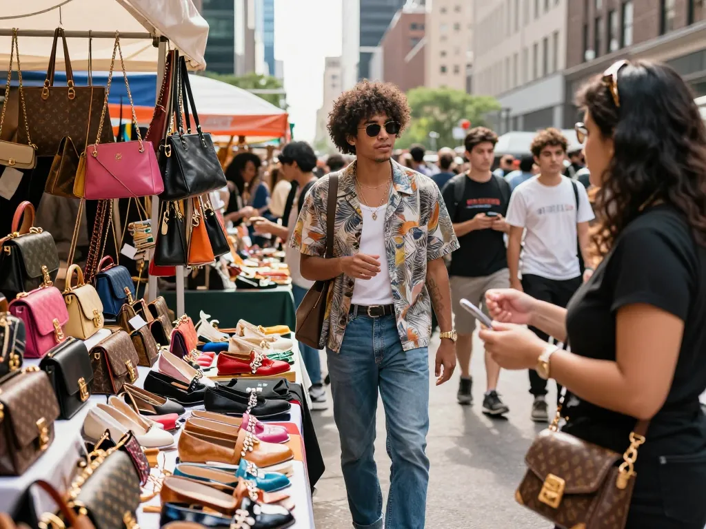 Fashionable individual exploring a vibrant street market for 레플리카 luxury items, surrounded by colorful displays.