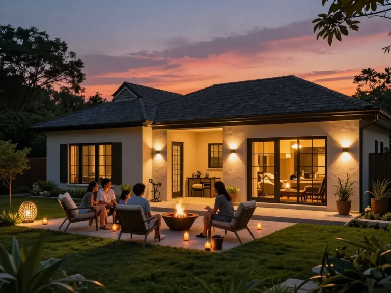 Modern home beautifully lit by dusk to dawn outdoor lights, creating a warm and inviting evening atmosphere.