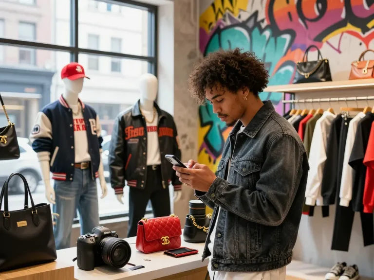 Stylish individual exploring a modern 레플리카 사이트 in an urban fashion retail environment.