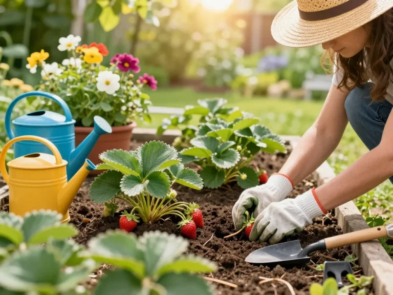 A gardener planting aardbeienplanten kopen in a sunlit garden, showcasing vibrant strawberries in rich soil.