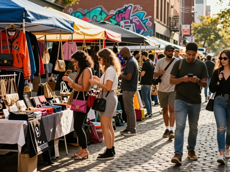 Shoppers exploring stylish 레플리카 fashion items in a vibrant urban marketplace.