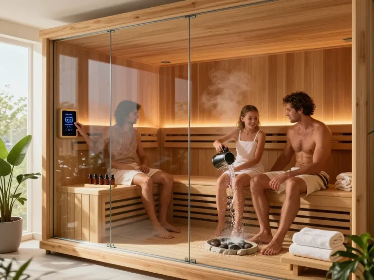 Family relaxing in a sauna 3D design, showcasing modern features and warm wooden interiors.