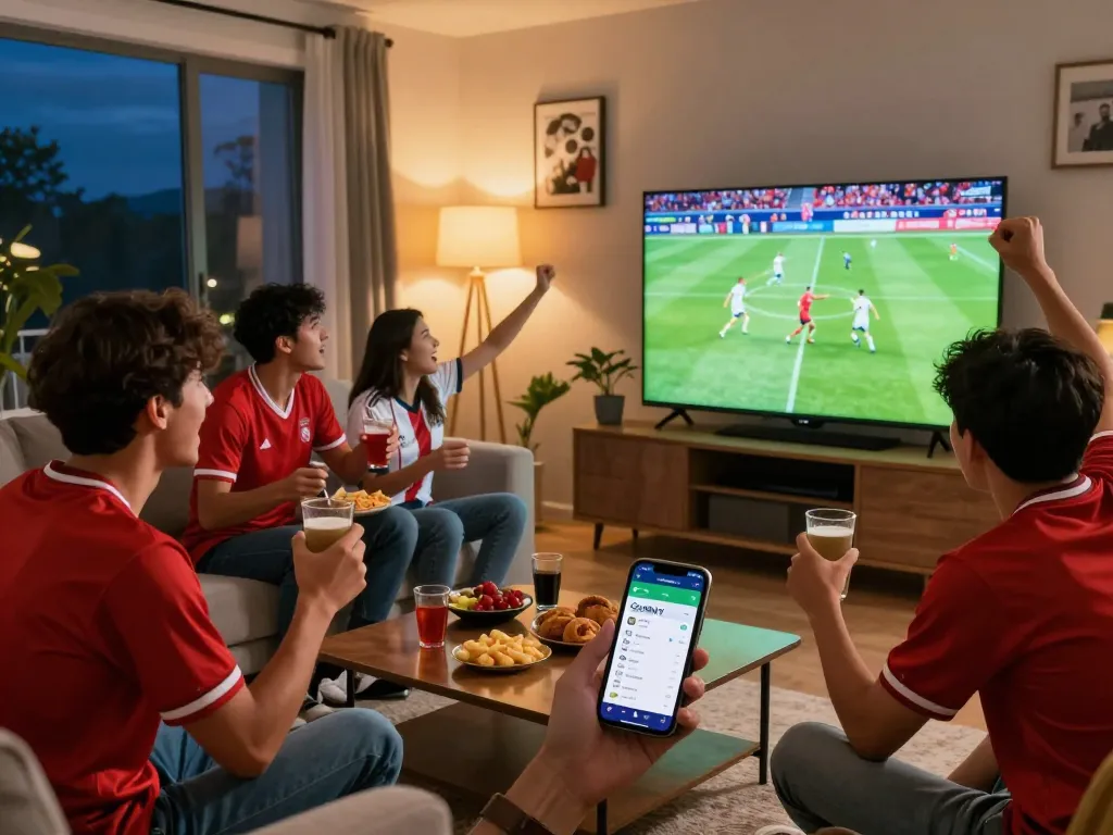 Cakhiatv fan gathering in vibrant living room enjoying live football match on large screen.