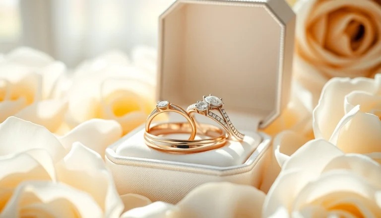 Showcasing elegant wedding rings nestled in a jewelry box with white roses, perfect for memorable moments.