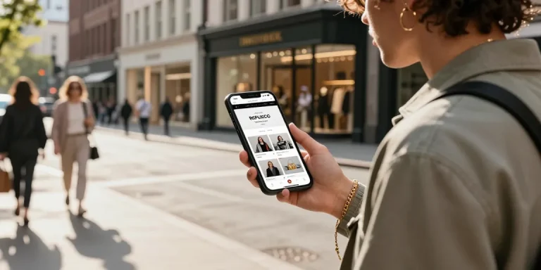 Trendy individual browsing a 레플리카 사이트 on a mobile device in a vibrant urban street scene.